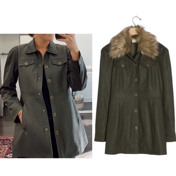 Anthropologie Jackets & Blazers - Anthropologie Maeve Kellie Olive Green Faux Leather Coat Removable Fur Collar